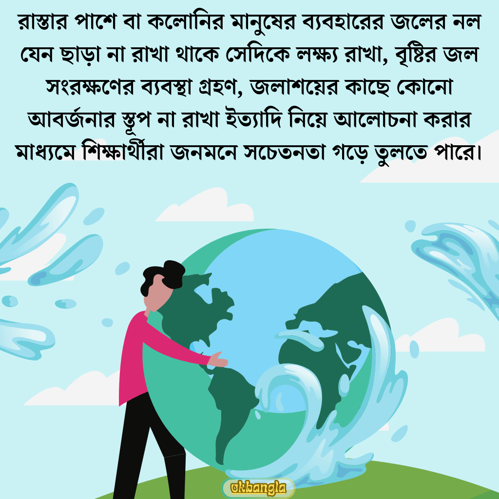 ছাত্রছাত্রীরা বিভিন্ন কার্যকলাপের মাধ্যমে সমাজকে জল অপচয় এবং দূষিত না করার জন্য সচেতন করে তুলতে পারে। 